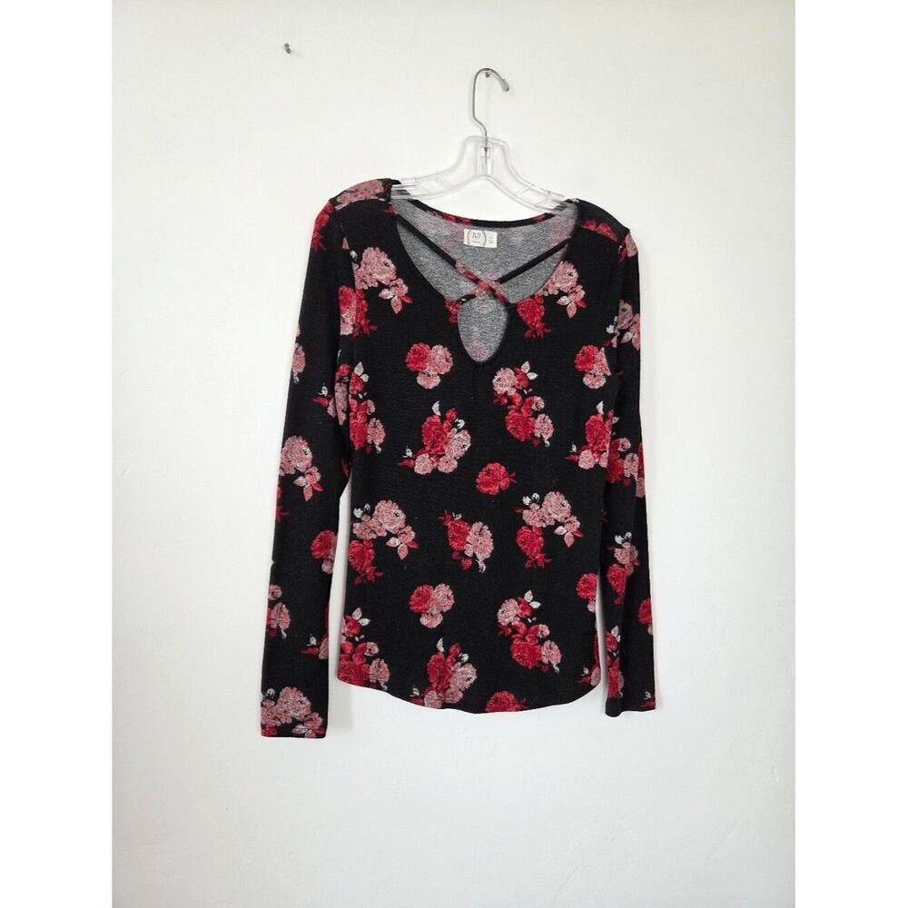 Maurices 24/7 Black Floral Rose Knit Long Sleeve Top Strappy Dark Romantic Small